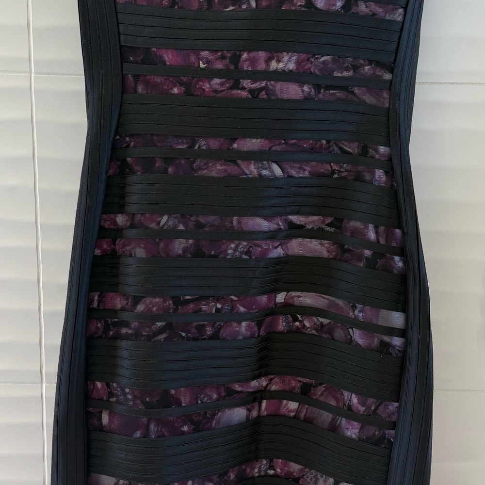 Cache Strapless Dress with Black and Purple Pattern